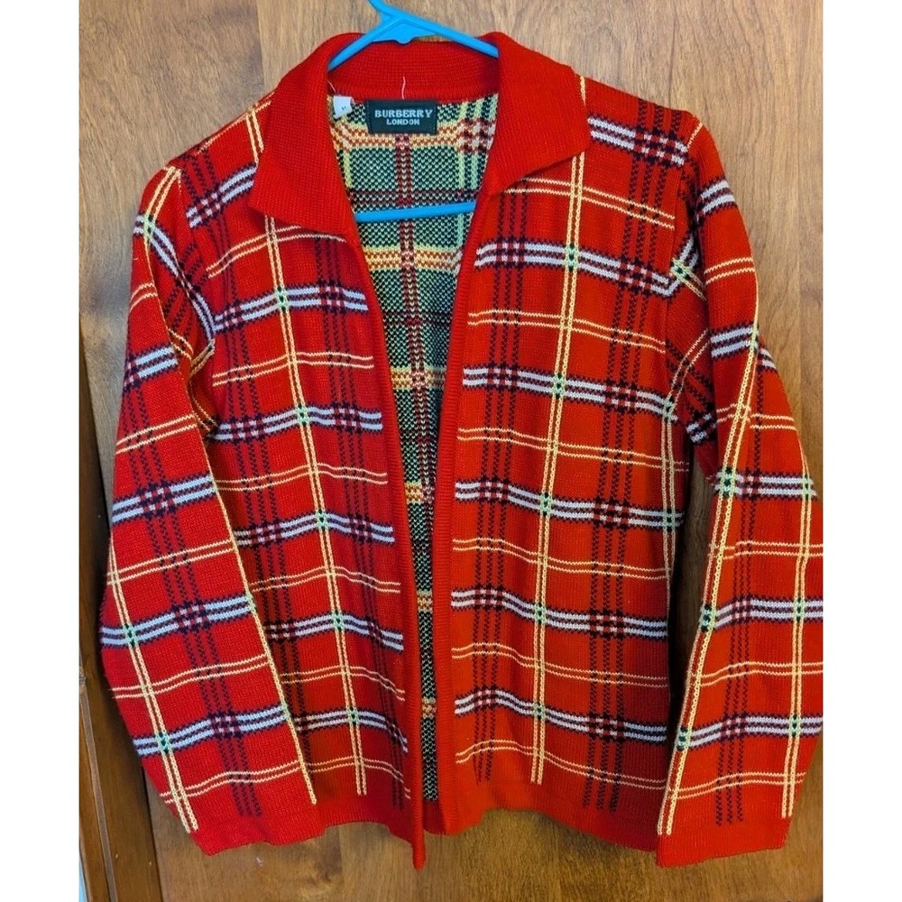 VTG Burberry London Cardigan Sweater Womens Med Plaid Flat Front Red & Yellow